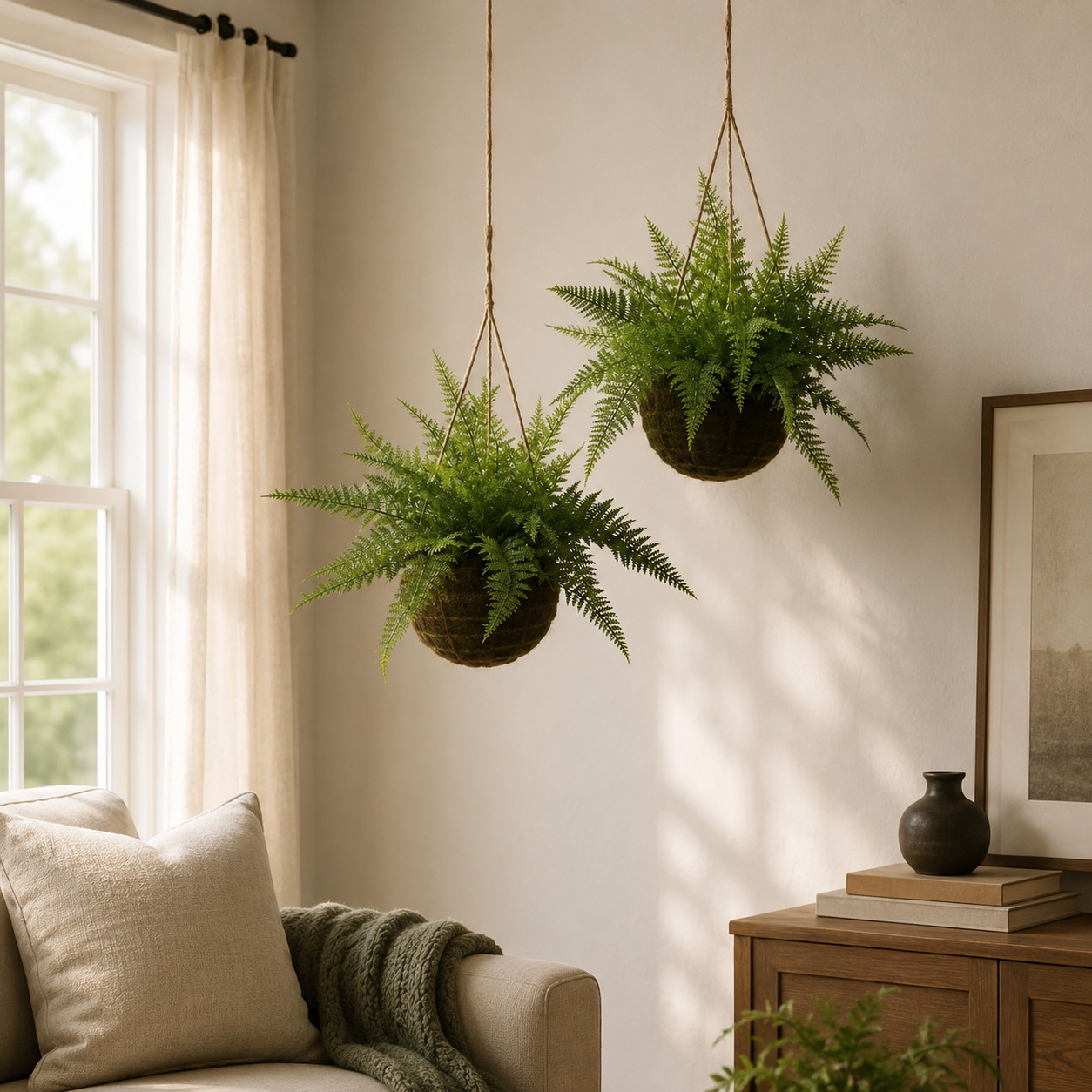 Leather Fern w/Hanging Basket (Indoor/Outdoor) (Set of 2)