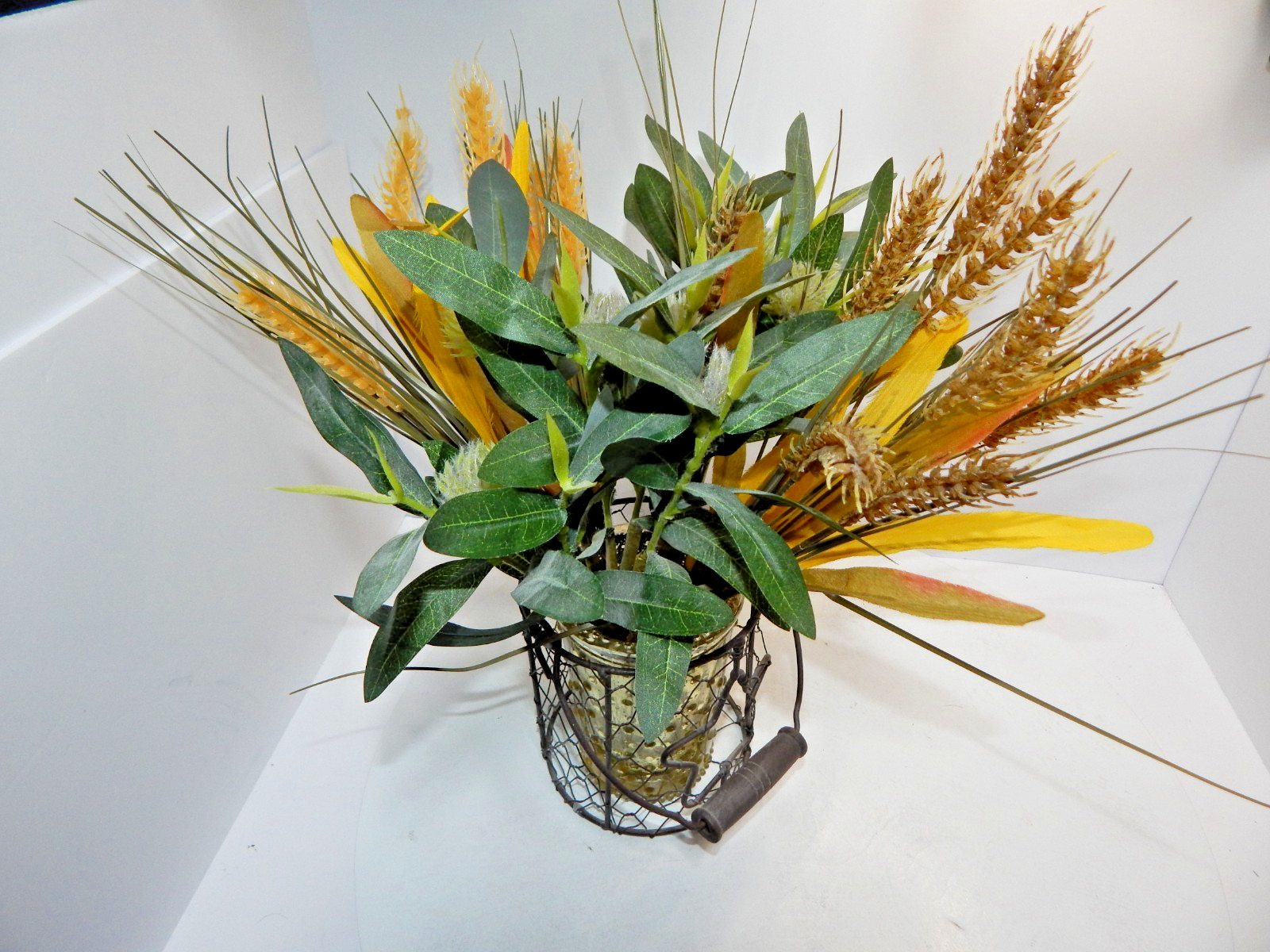 Bouquet Mix Artificial Fall Foilage ripened wheat grains stems glass wire basket