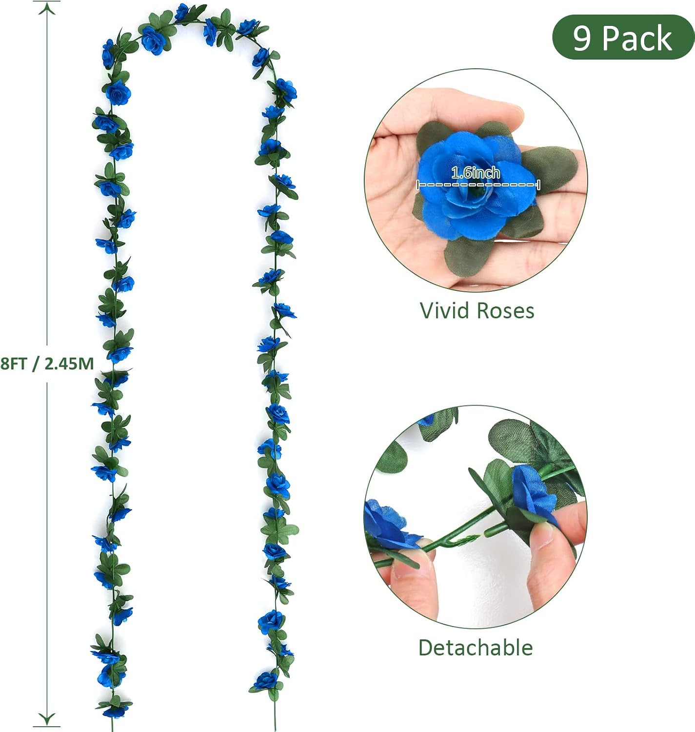 9 Pack 72 FT Artificial Flower Garland Fake Blue Roses Vines Silk Flowers | Fau