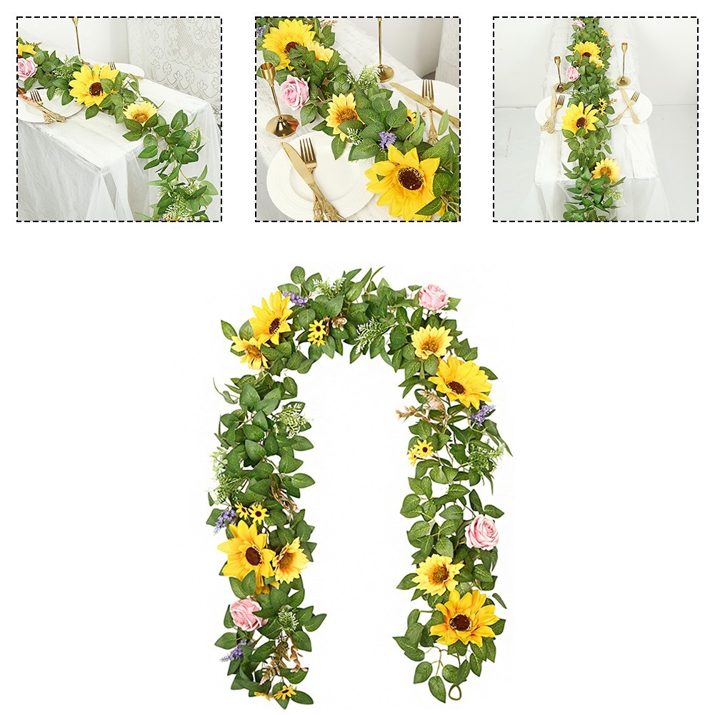 Realistic Sunflower Rattan Garland 200cm Green Plant Indoor Outdoor Decor