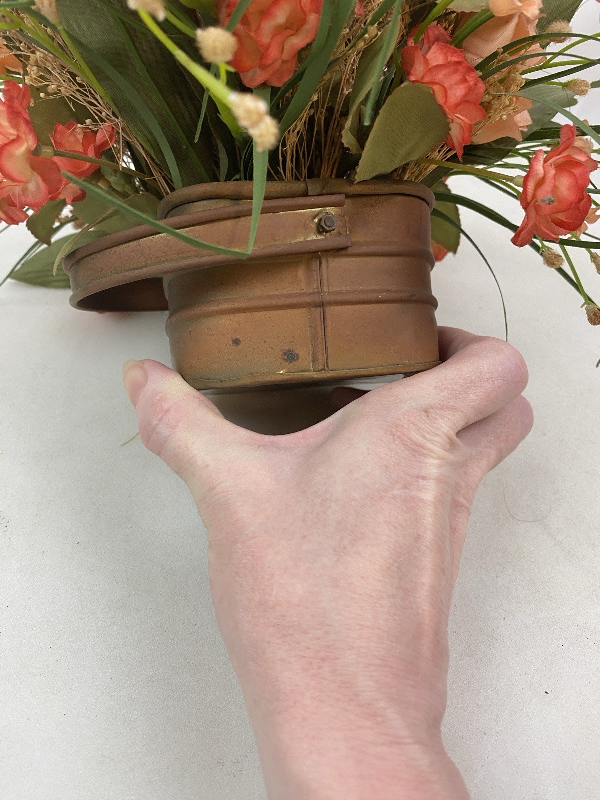Silk Floral Arrangement Antiqued Small Brass Basket With Faux Flowers