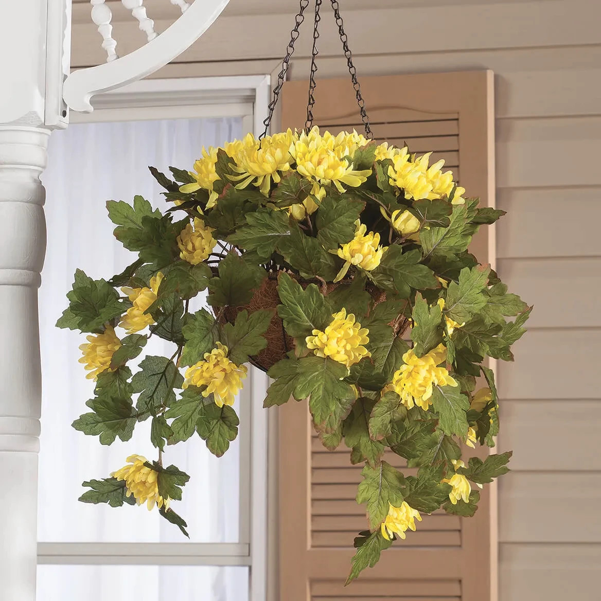 Large Artificial Yellow Mums Hanging Basket Indoor Outdoor Patio Garden Decor