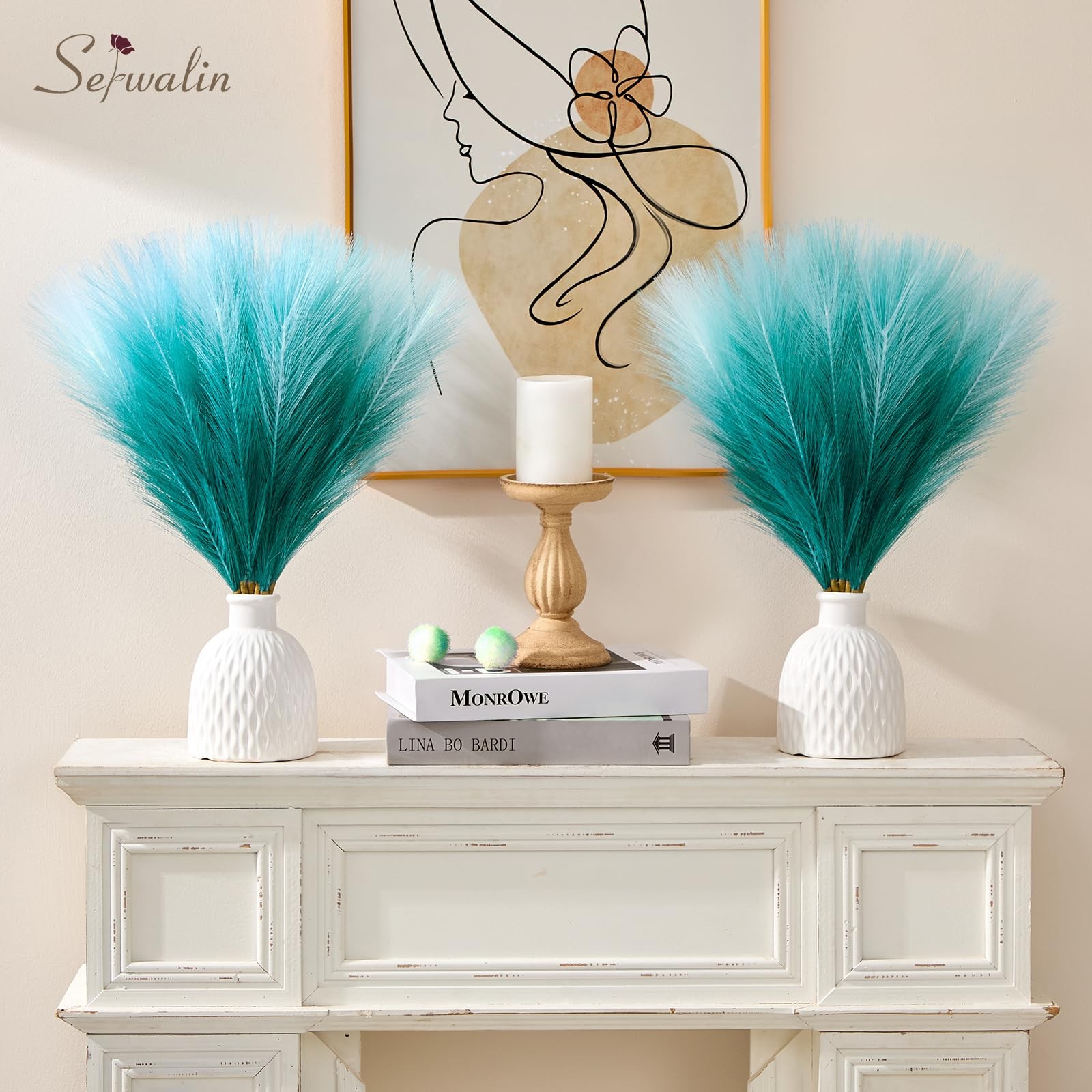 6 PCS 17.7 Inch Gradient Turquoise Green Artificial Fluffy Pampas Grass Decor