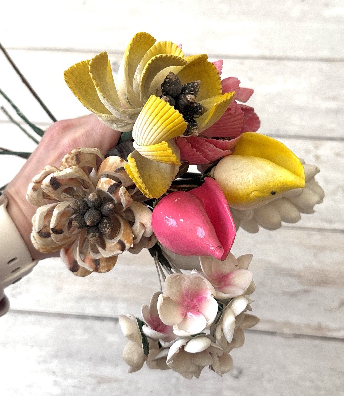 Sea Shell Flowers Hand Crafted Floral Arrangement Bundle Yellow Pink White 8 Ct