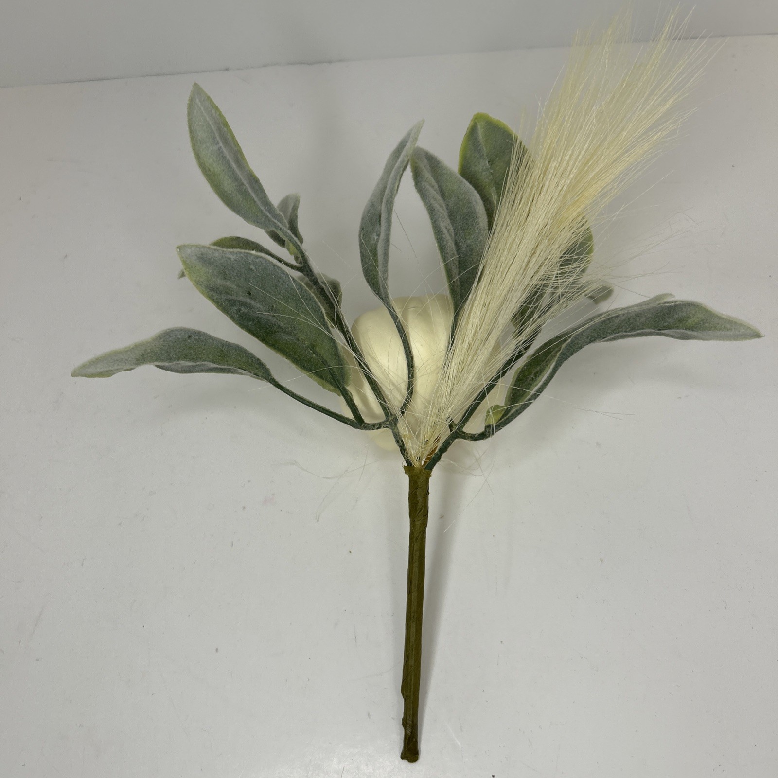 10 Artificial Fall Pumpkin Floral Pick W/Faux Lambs Ear & Feather Grass