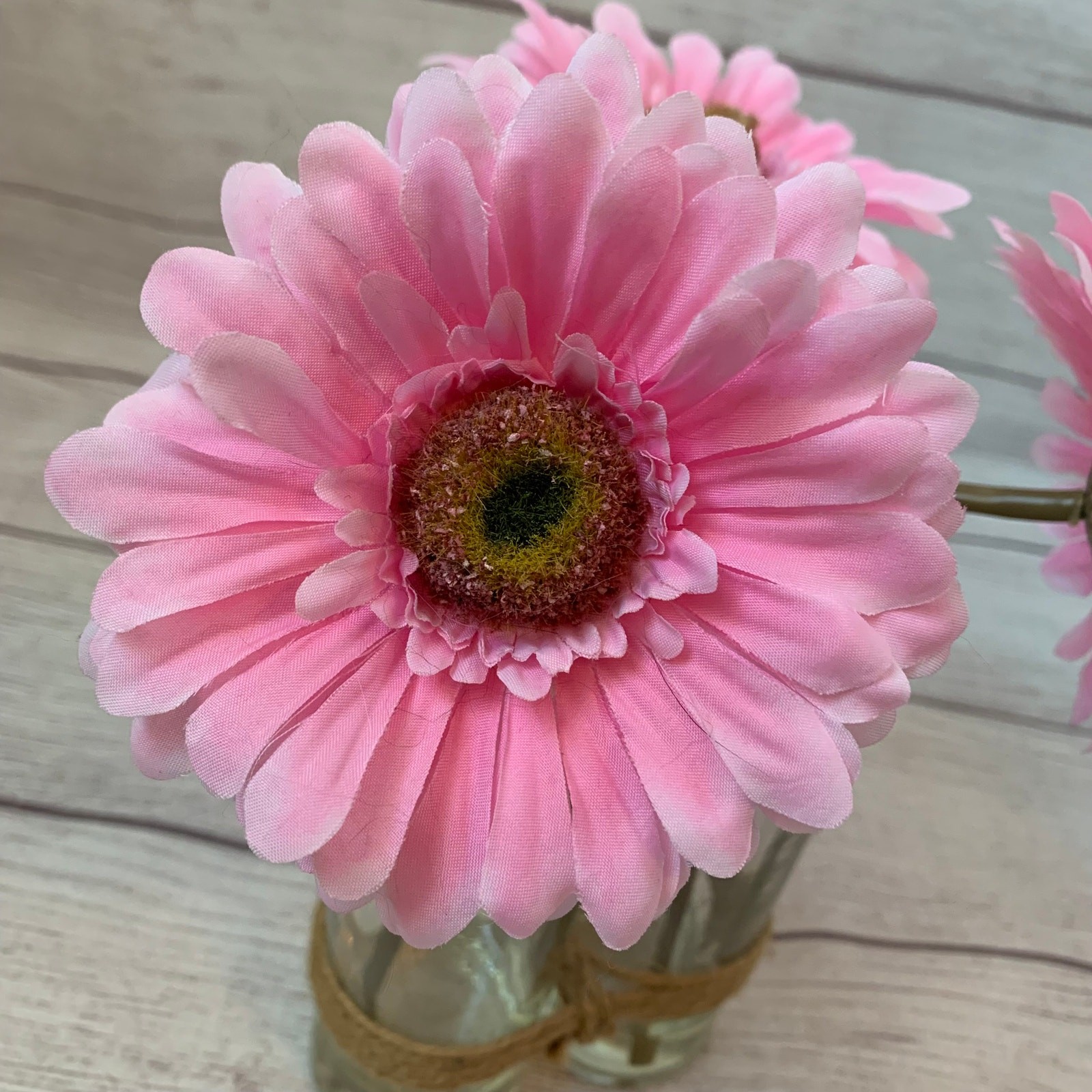 Artificial Pink Gerbera Daisies in Bottles and Twine String Faux Glued Water 9″H