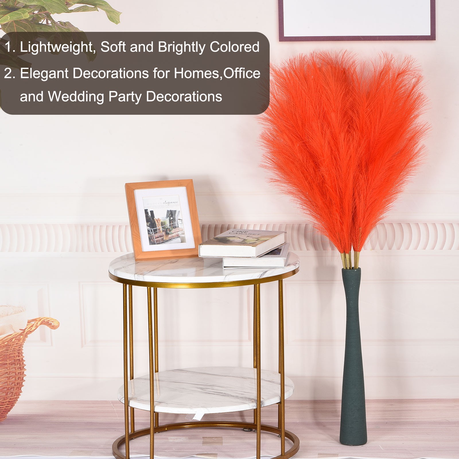 8PCS Faux Pampas Grass Tall, 45″/114cm Artificial Fluffy Grass Stems, Orange