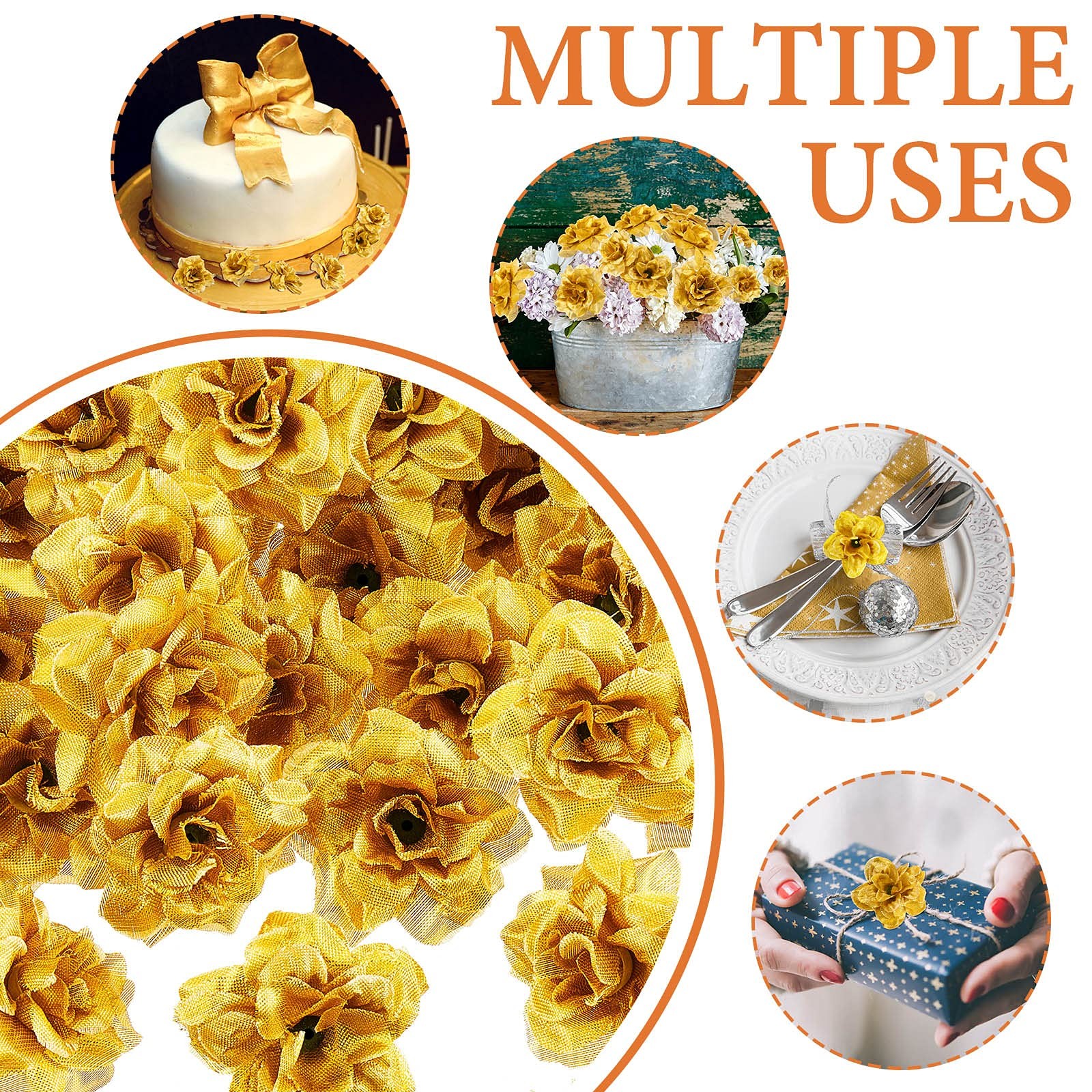 100 PCS Artificial Roses Head 1.77 Inch Fake Silk Gold Flower Wall DIY Crafts