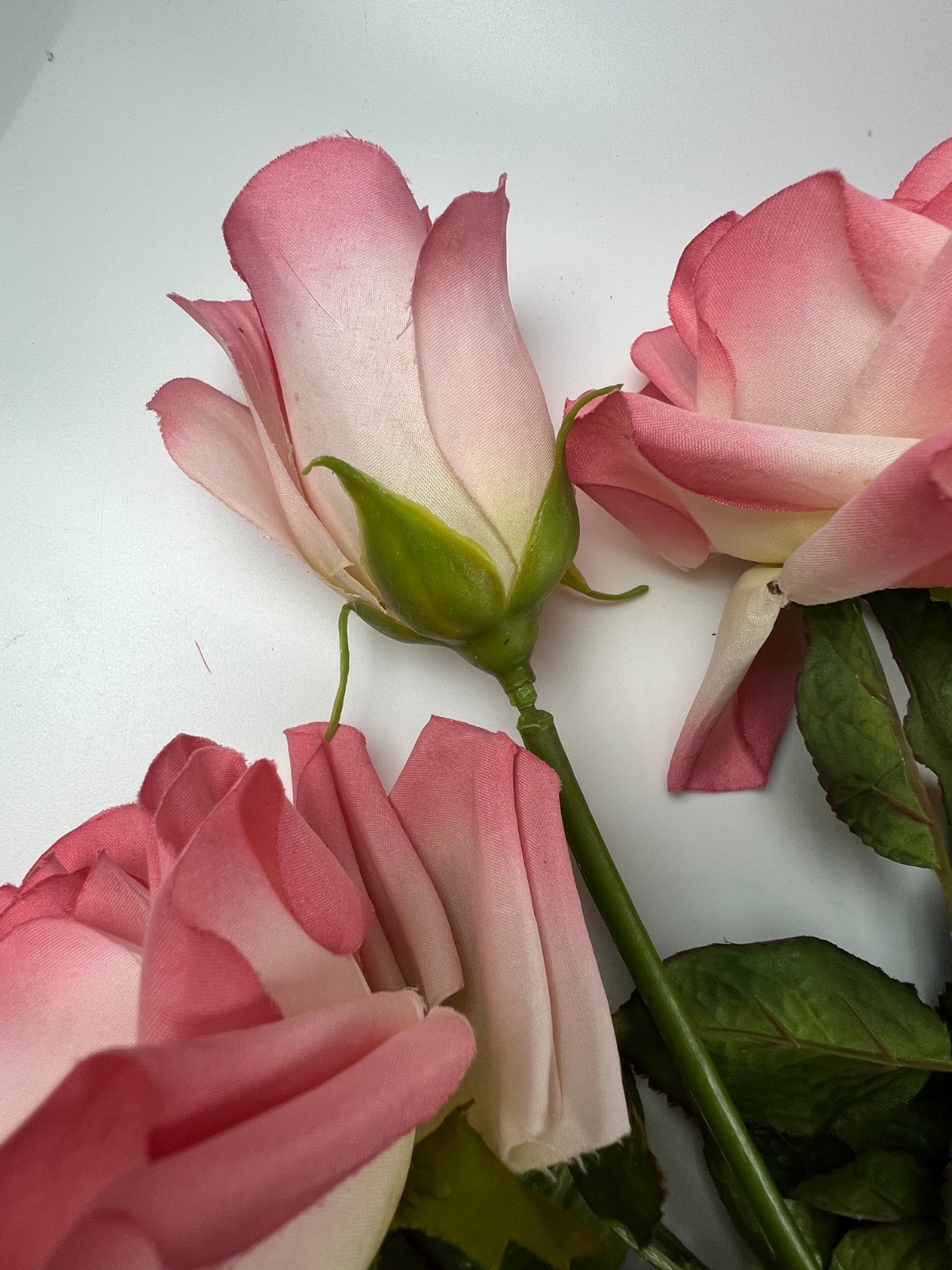 5 True VINTAGE long stem silk roses pink peach cream ombre thorn faux artificial