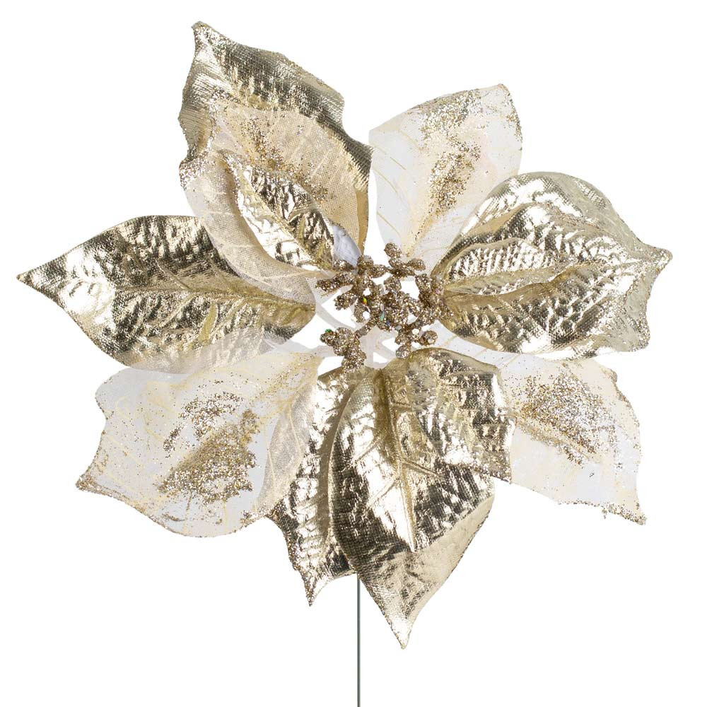Set of 2 Shimmery Gold Artificial Poinsettia 10″ Floral Stems