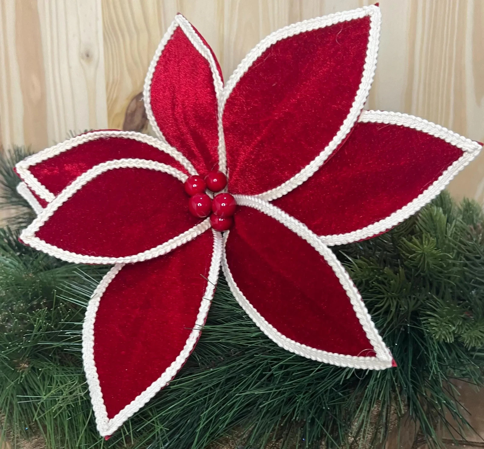 Red Velvet Natural Trim Edge Christmas Poinsettia Stem Flower Accent 24 inches