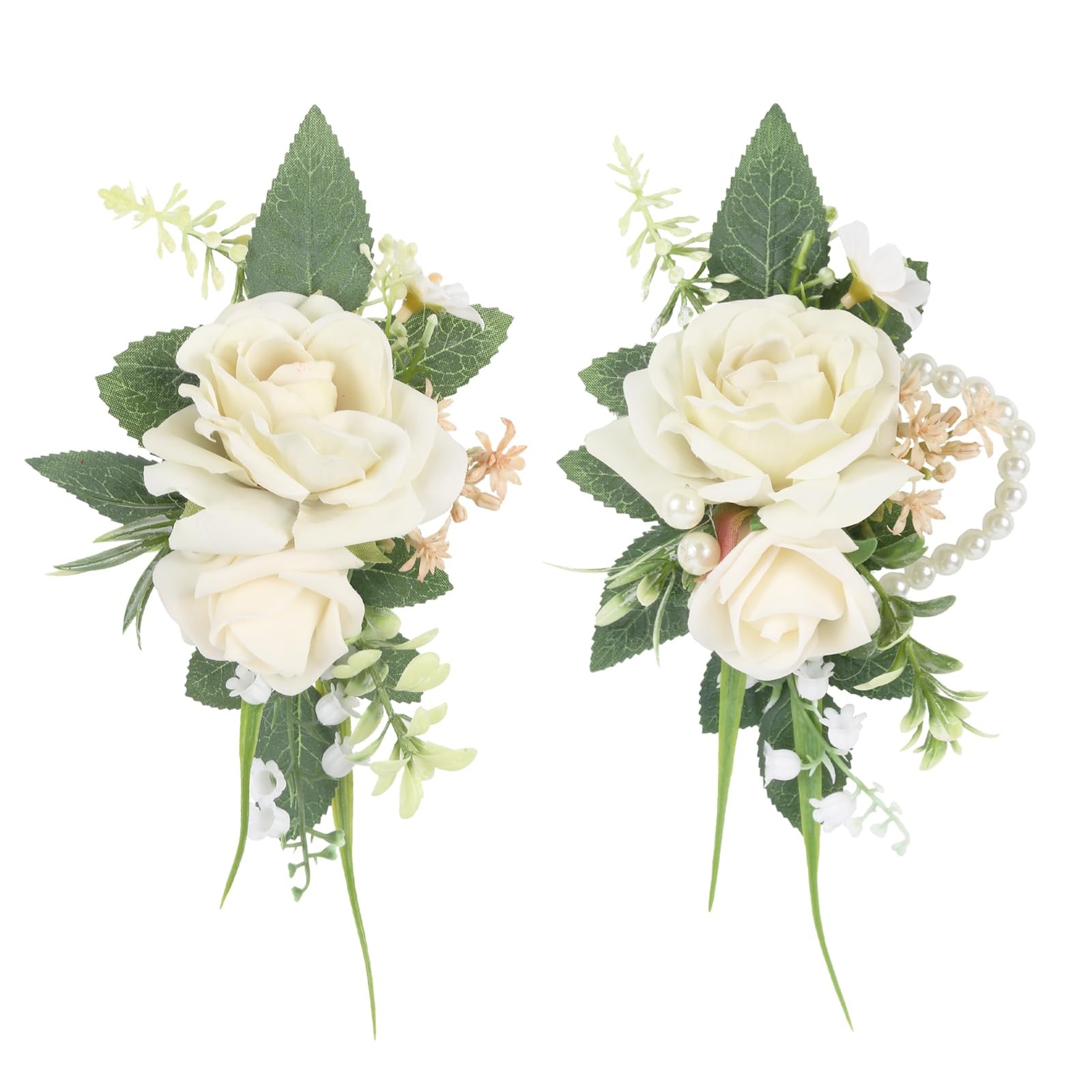 Wrist Corsage Boutonniere Set Ivory Rose Artificial Flowers Prom Wedding Decor