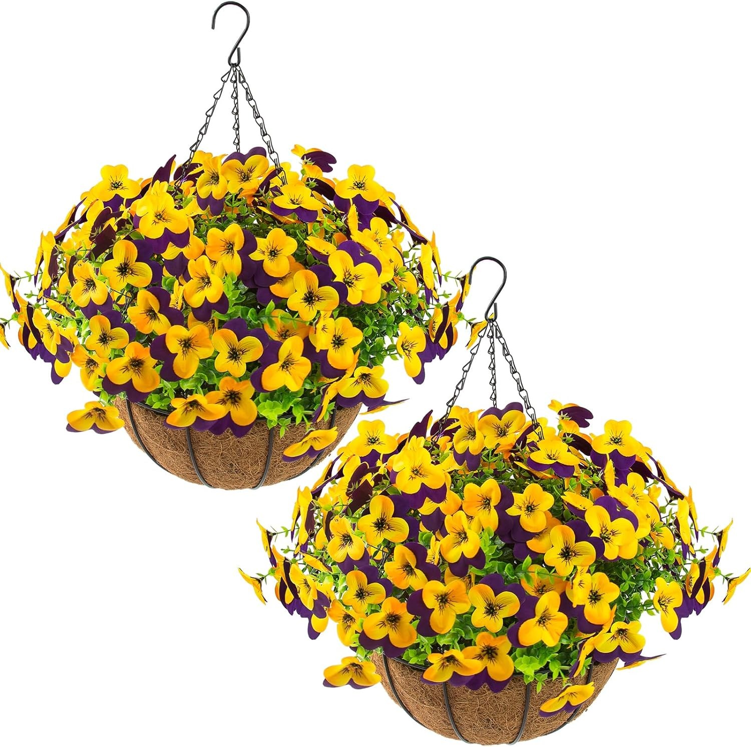 2 Set Artificial Outdoor Pansy Flowers W/ Hanging Baskets 2 Hanging Baskets W/