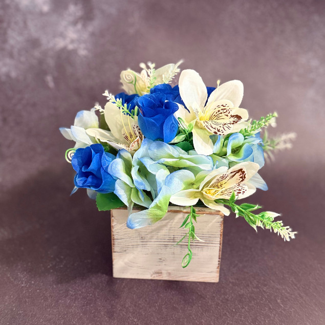 Blue White Rose Floral Centerpiece Wooden Box Faux Flower Arrangement Home Decor