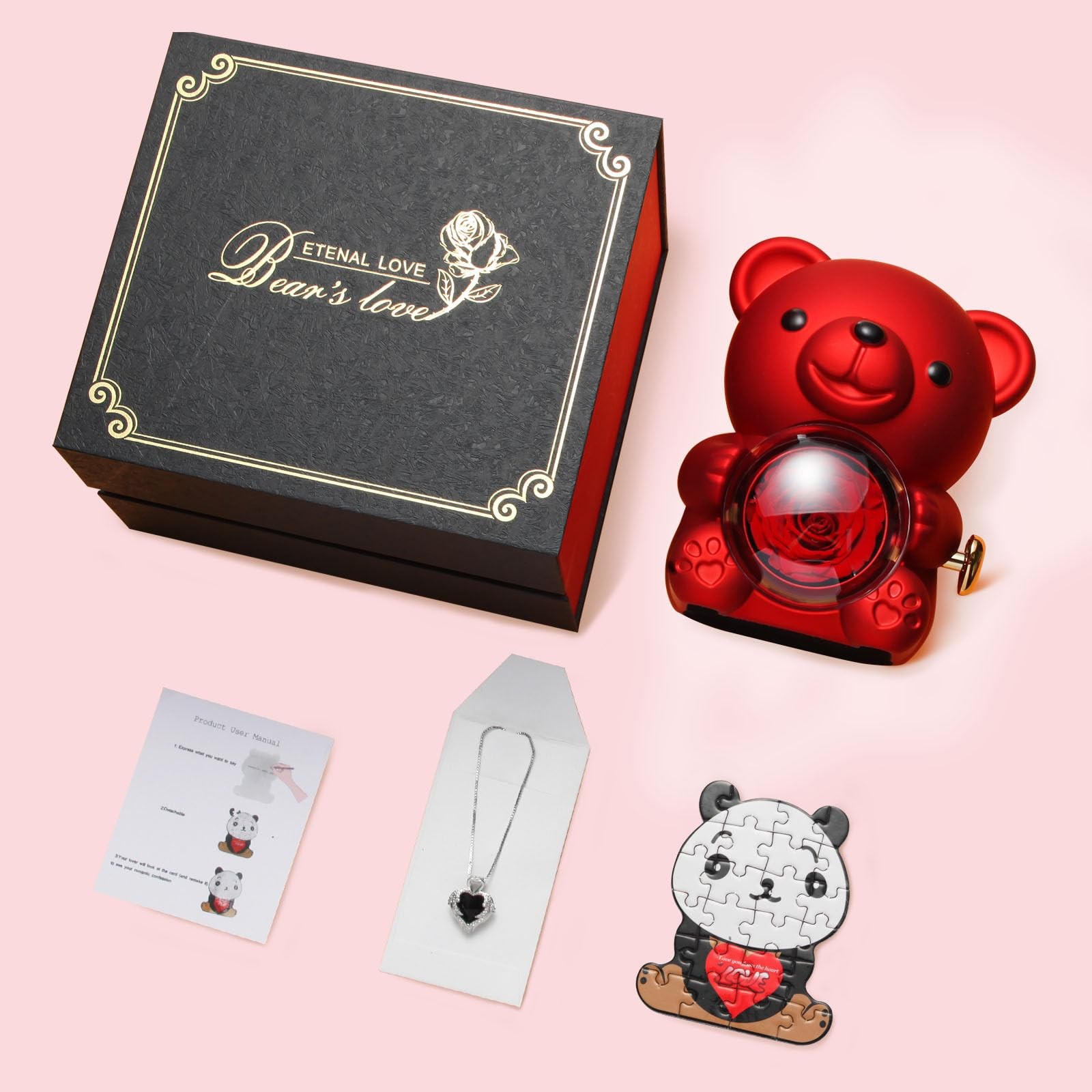 Easegain Cute Teddy Bear with Forever Preserved Real Rose,Eternal Flowers