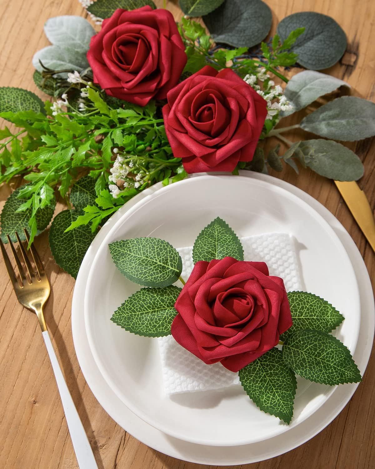 Duhouse 25Pcs Artificial Flowers Red Foam Roses Real Touch with Stems | Fake Flo