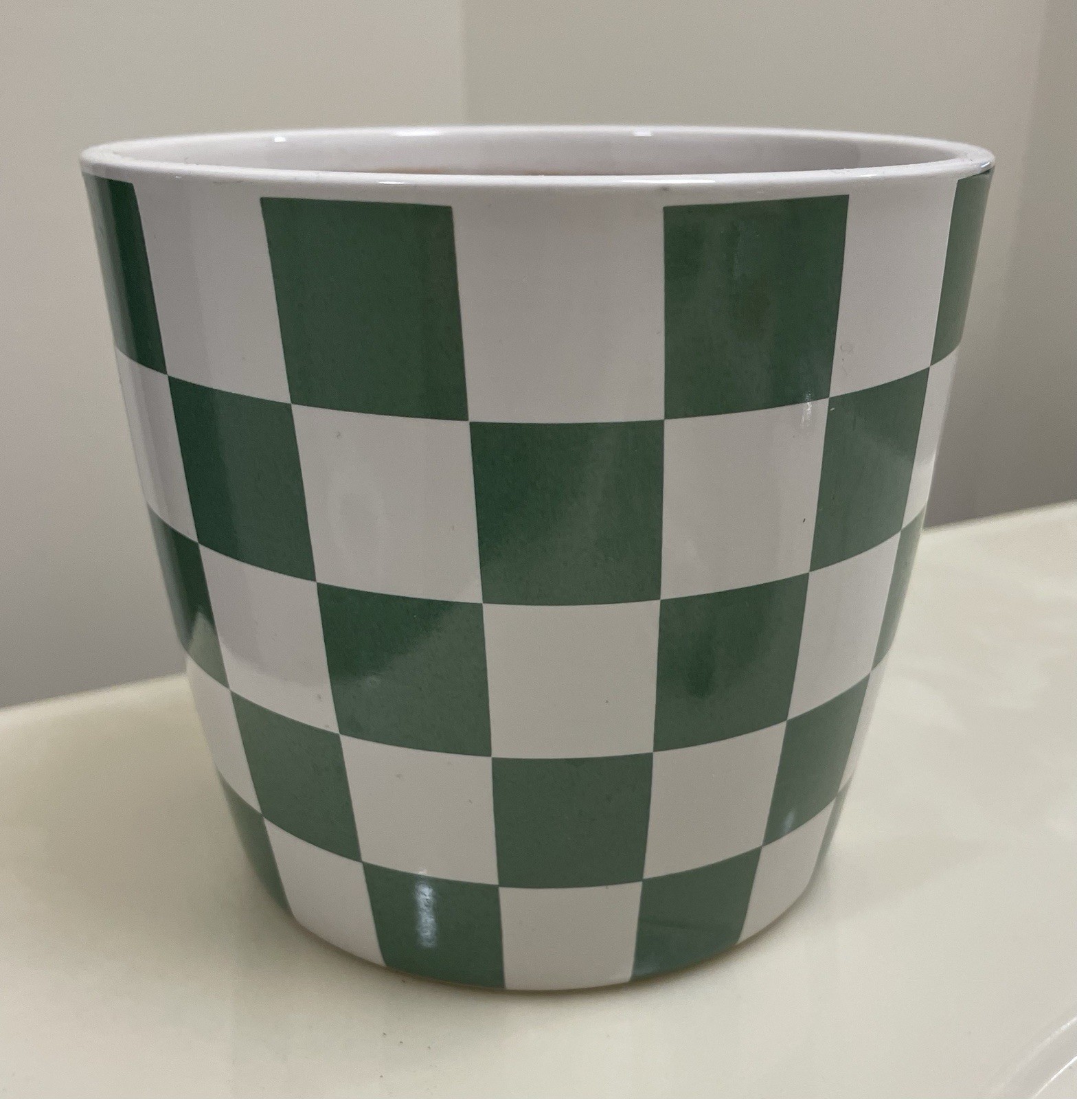 Ceramic Plant Pot Painted Green Check 6″ Planter Cottagecore Whimsical Cottage