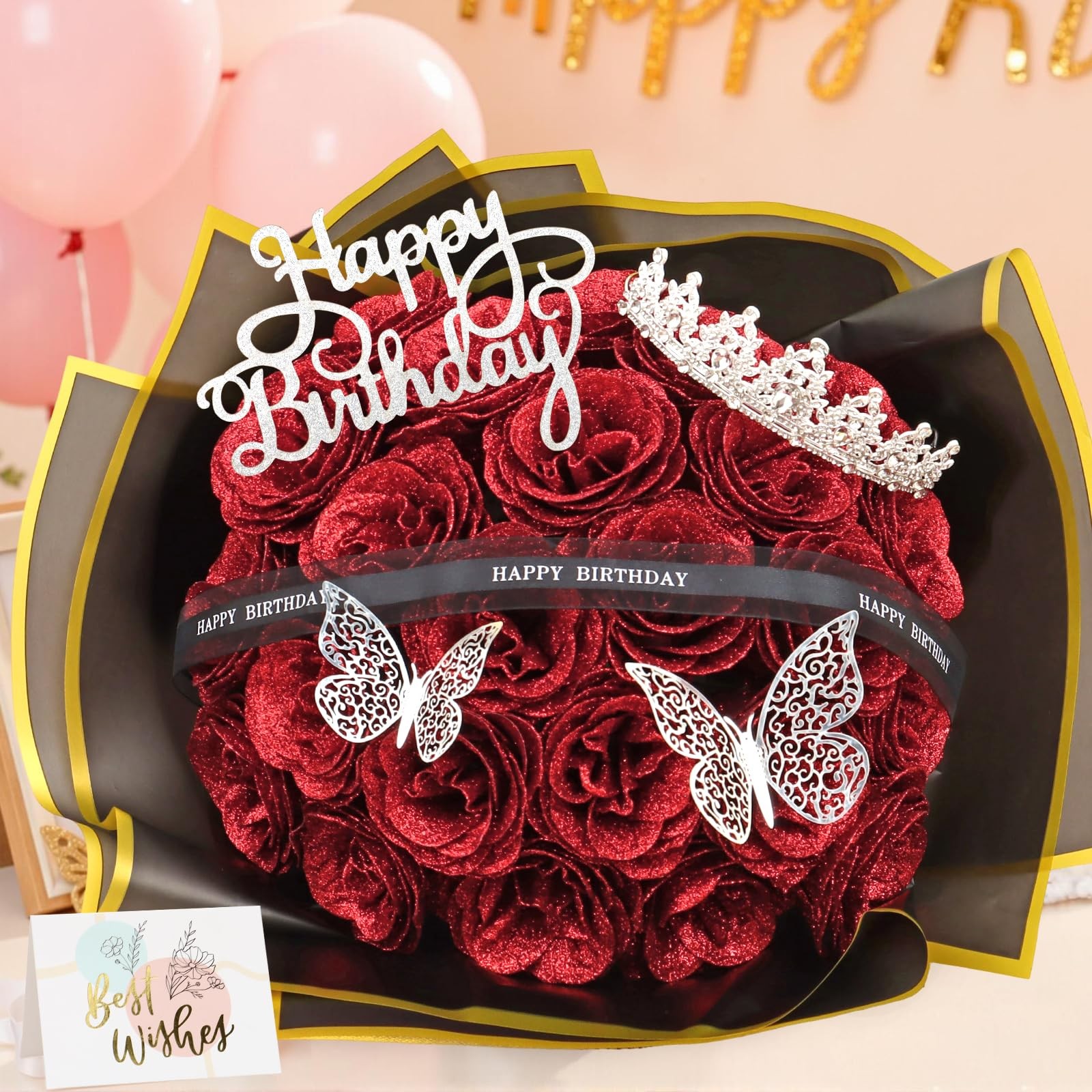 24 PCS Red Glitter Roses Bouquet Fake Flowers With Birthday StandUp Signs DIY