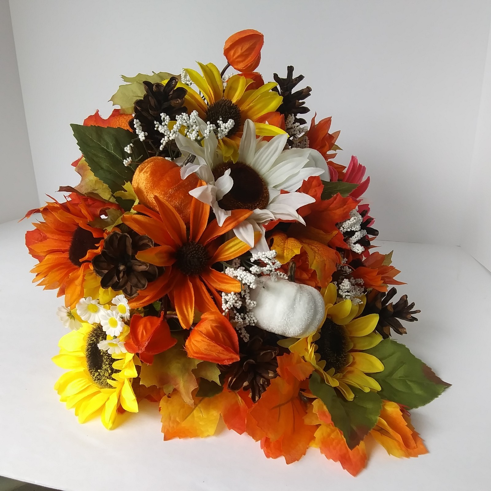 Fall Cornucopia Centerpiece Sunflowers Pinecones Maple Leaves Harvest Decor