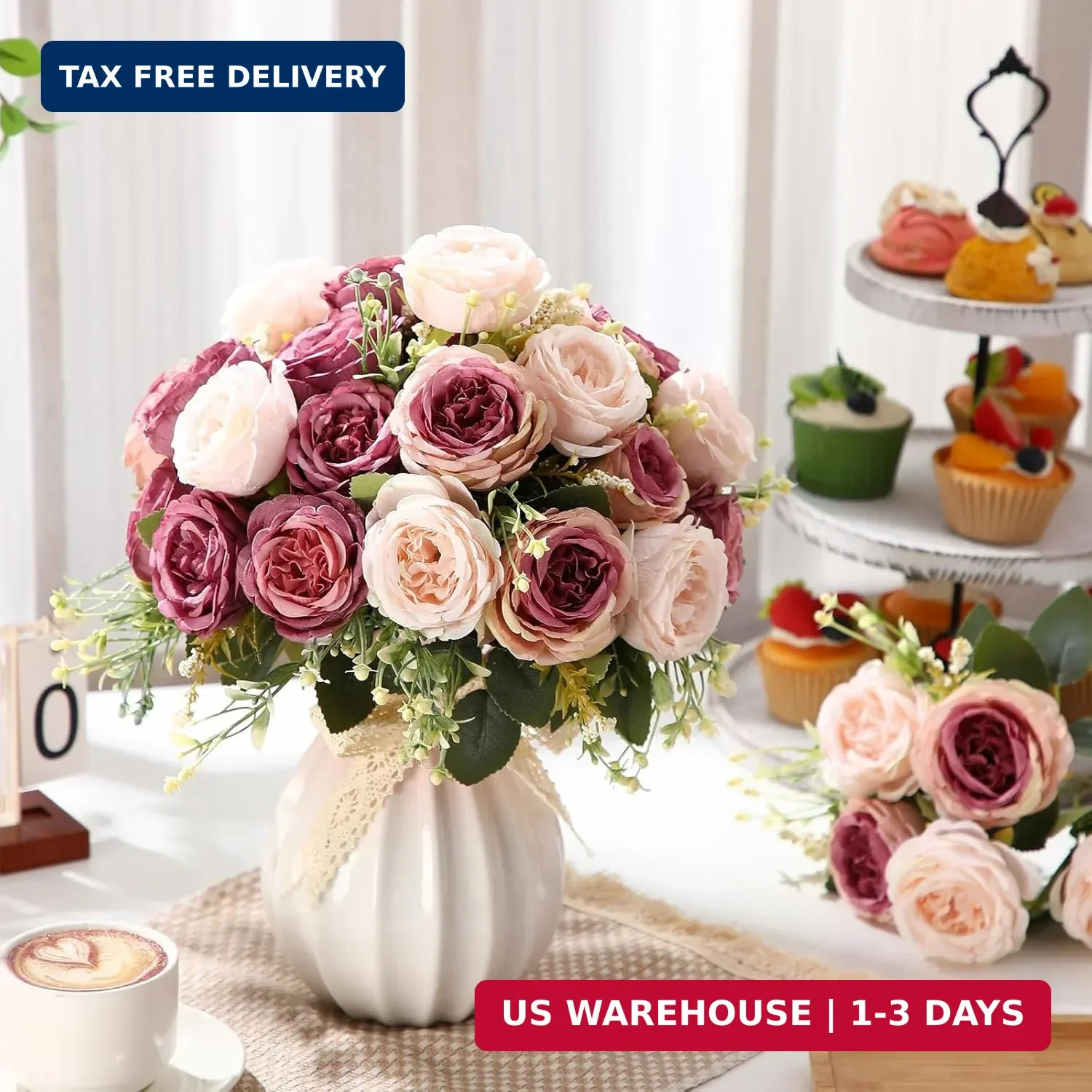 Geosar 8 Bundles Artificial Peonies Flowers Fake Silk Peony Bouquet Faux Peonies