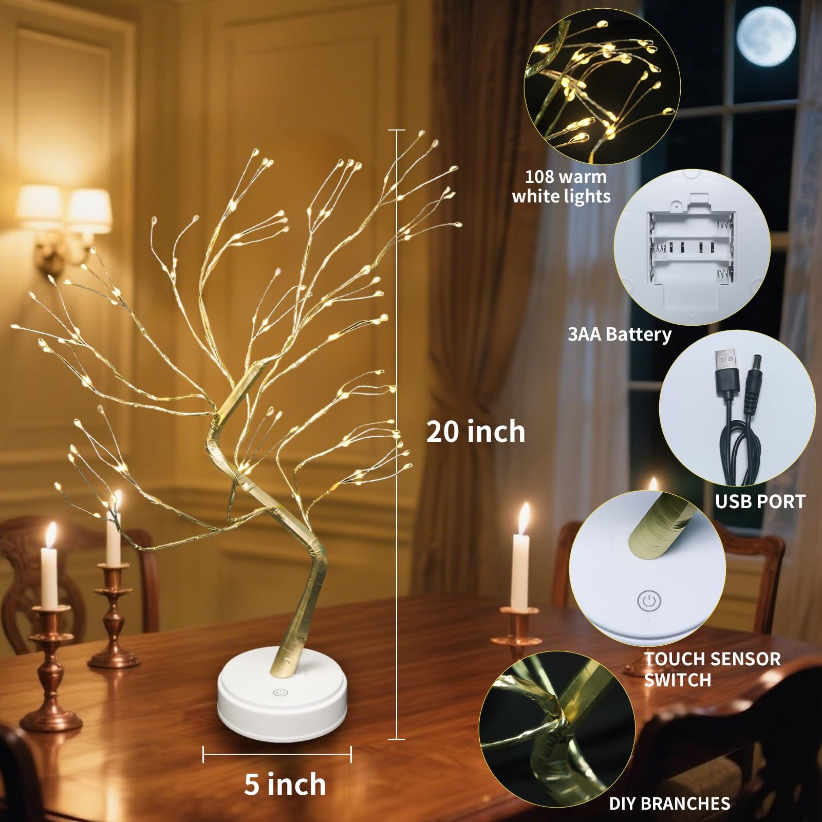 108 LED Warm White Tabletop Artificial Fairy Twinkling Bonsai Tree Light Remote