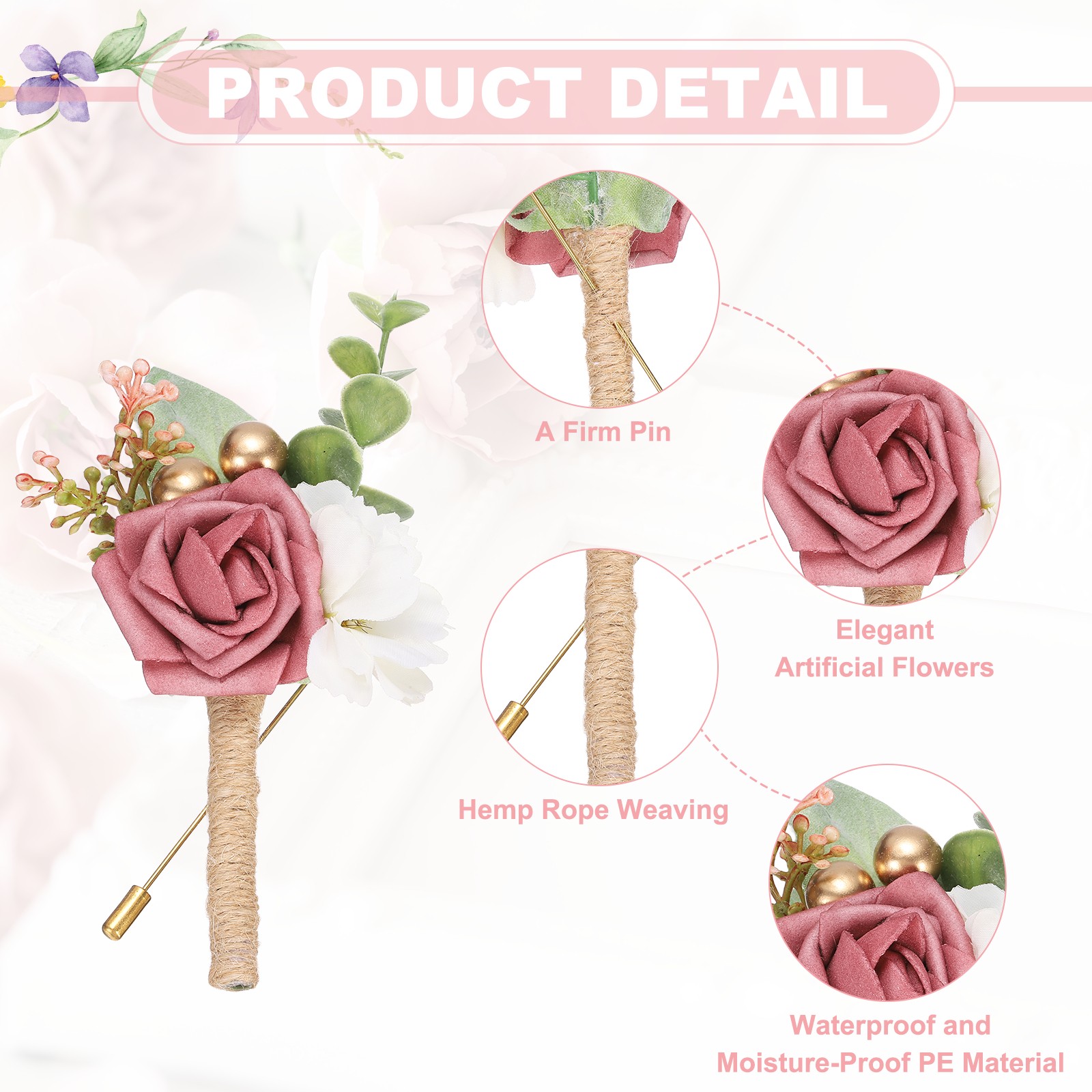 Bean Paste Wedding Boutonnieres for Men 2Pcs Rope Artificial Flowers