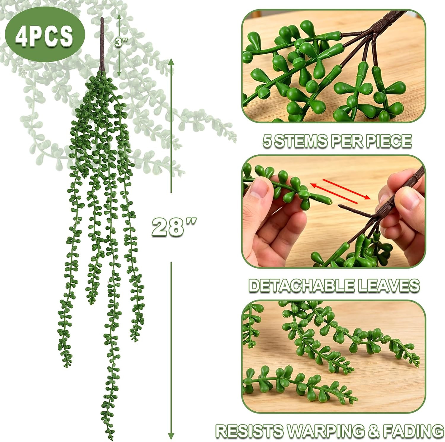 4 Pcs String of Pearls Plant Artificial Hanging Succulents Plants Draping Greene