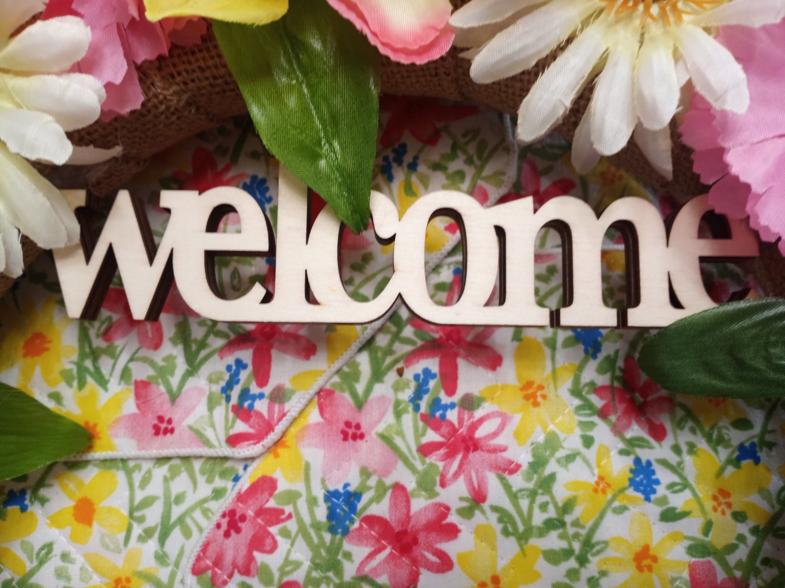Homemade 14″ Artifical flower Spring Summer Welcome Floral Burlap Door Wreath