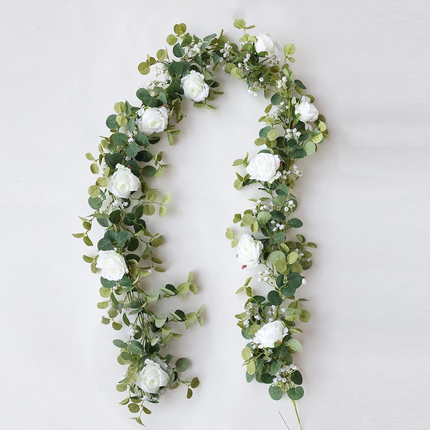 2PCS 5.91FT Artificial Eucalyptus Garland with Flowers, Fake Rose Gypsophila Gar