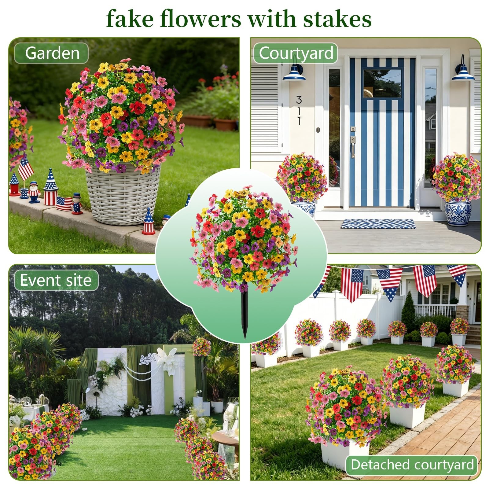 2-Pack 22″ UV-Resistant Petunias – Artificial Flowers with Ground Stakes for Ind