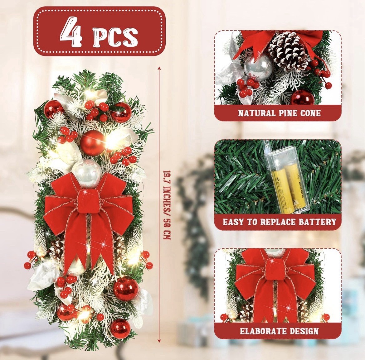 4 Pcs 19.7 Inches Light up Christmas Stair Swags LED Prelit Teardrop Norfolk