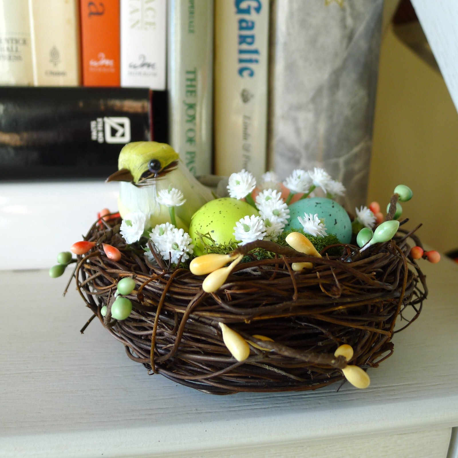 Bird’s Nest Spring Decor with Eggs, Berries, Baby’s Breath Handmade for Tabletop