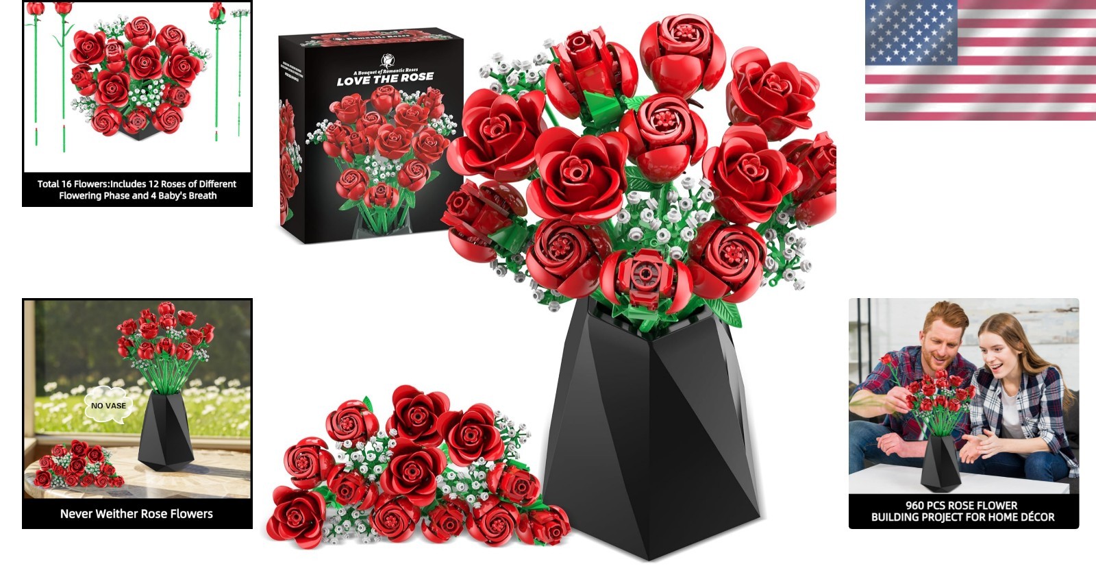 Eco-Friendly Red Rose Bouquet Building Blocks – 16Pcs for Lasting Romance