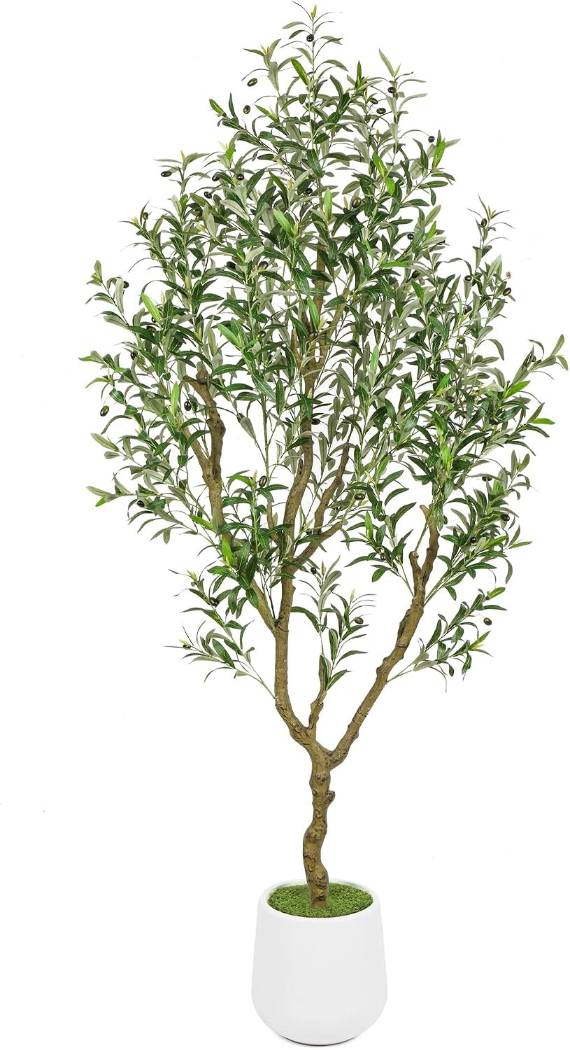 7Ft Artificial Olive Tree with White Tall Planter, Realistic Leaves & Fruits Art