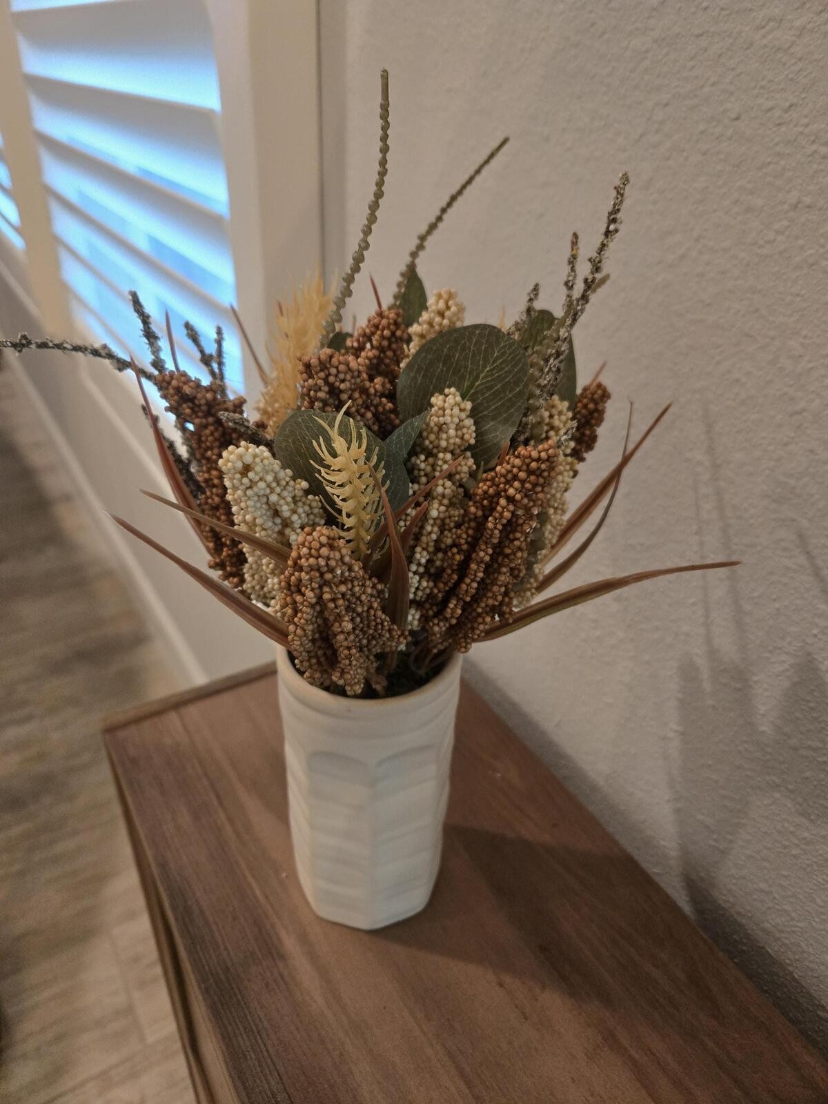 13.5″ Faux Dried Heather Floral Arrangement – Boho Farmhouse Decor Ceramic Vase