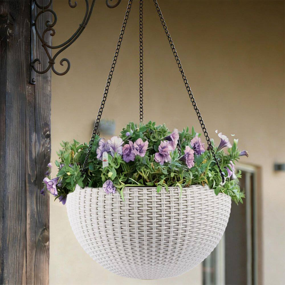 13.4 In. Dia White Plastic Hanging Basket, Dual-Use for Indoor and Outdoor Decor