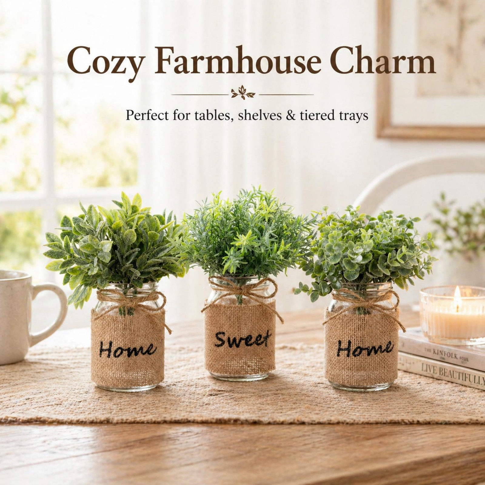 3 Pcs Spring Mason Jar Table Centerpiece Decor Small Fake Plants Farmhouse Ru…
