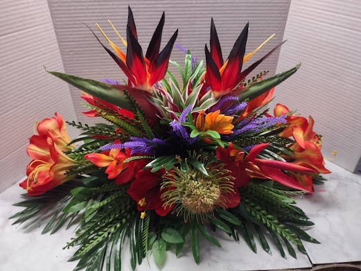 Tropical Table Centerpiece (with purple flowers)
