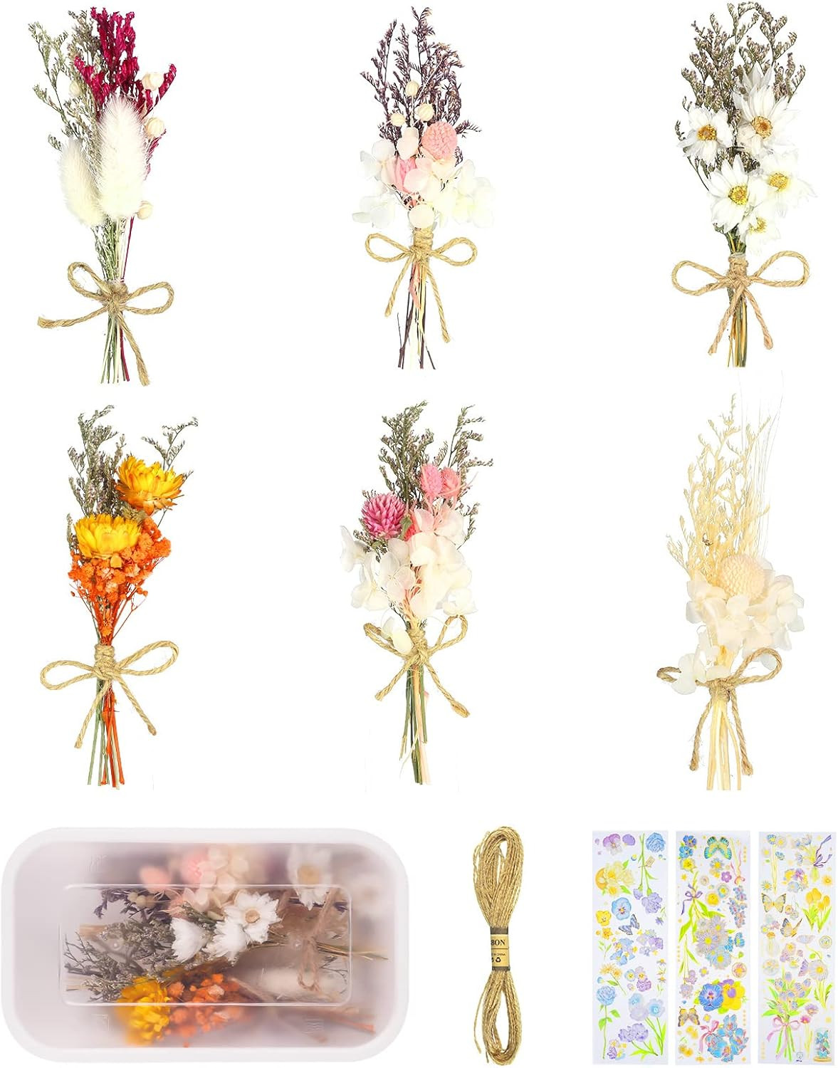 6Pcs Mini Dried Flowers Bouquet, Mixed Natural Dried Flowers Gypsophila Bouquets