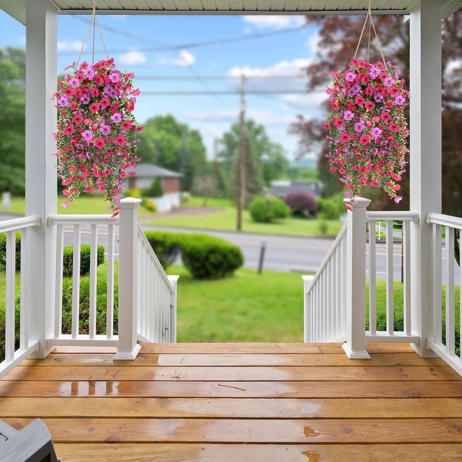 Artificial Fake Hanging Flowers Plants for Outdoor Outside 2PCS Hot pink-Magenta