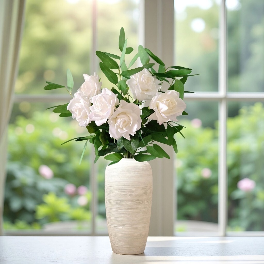12pcs Artificial Natural White Rose Eucalyptus Leaves Bouqute