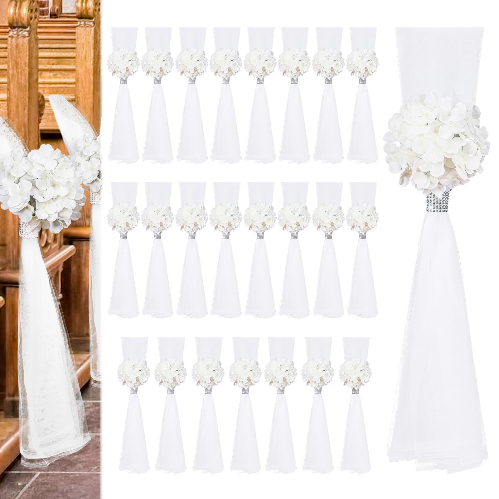 24 Set Large Wedding Hydrangea/Gardenia Flowers with Long Tulle Tails, 31.5in…