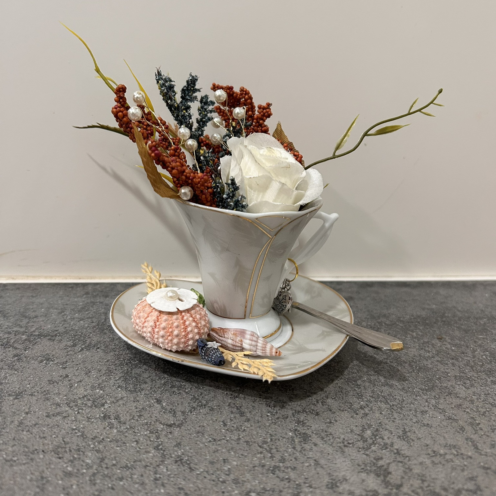 Floral Seashell Assemblage In GMA Fine Porcelain China Tea Cup Saucer Set