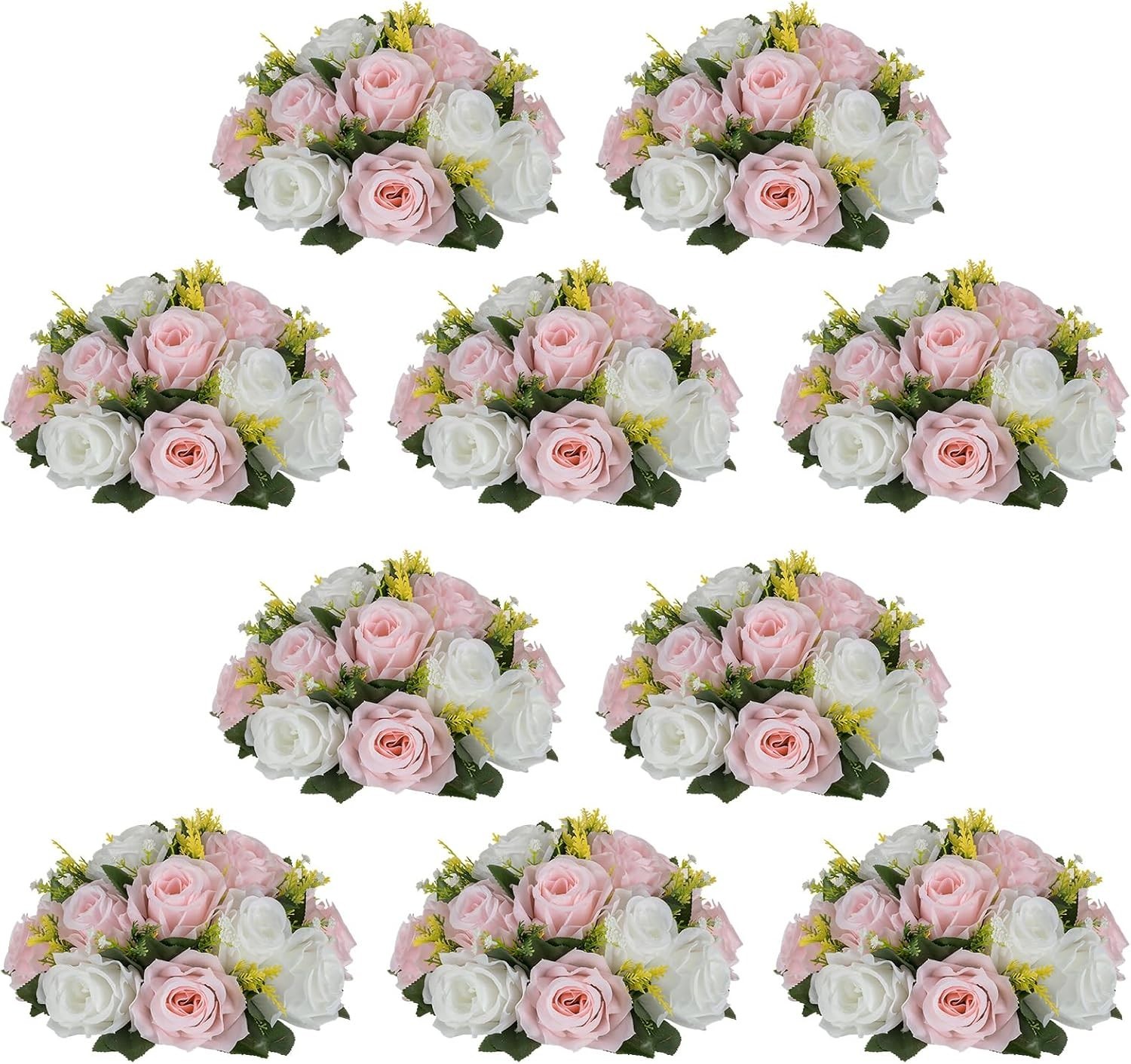 Silk Rose Flower Balls – 10 Pcs 9.5″ Pink White Centerpieces, Ready-to-Use Decor