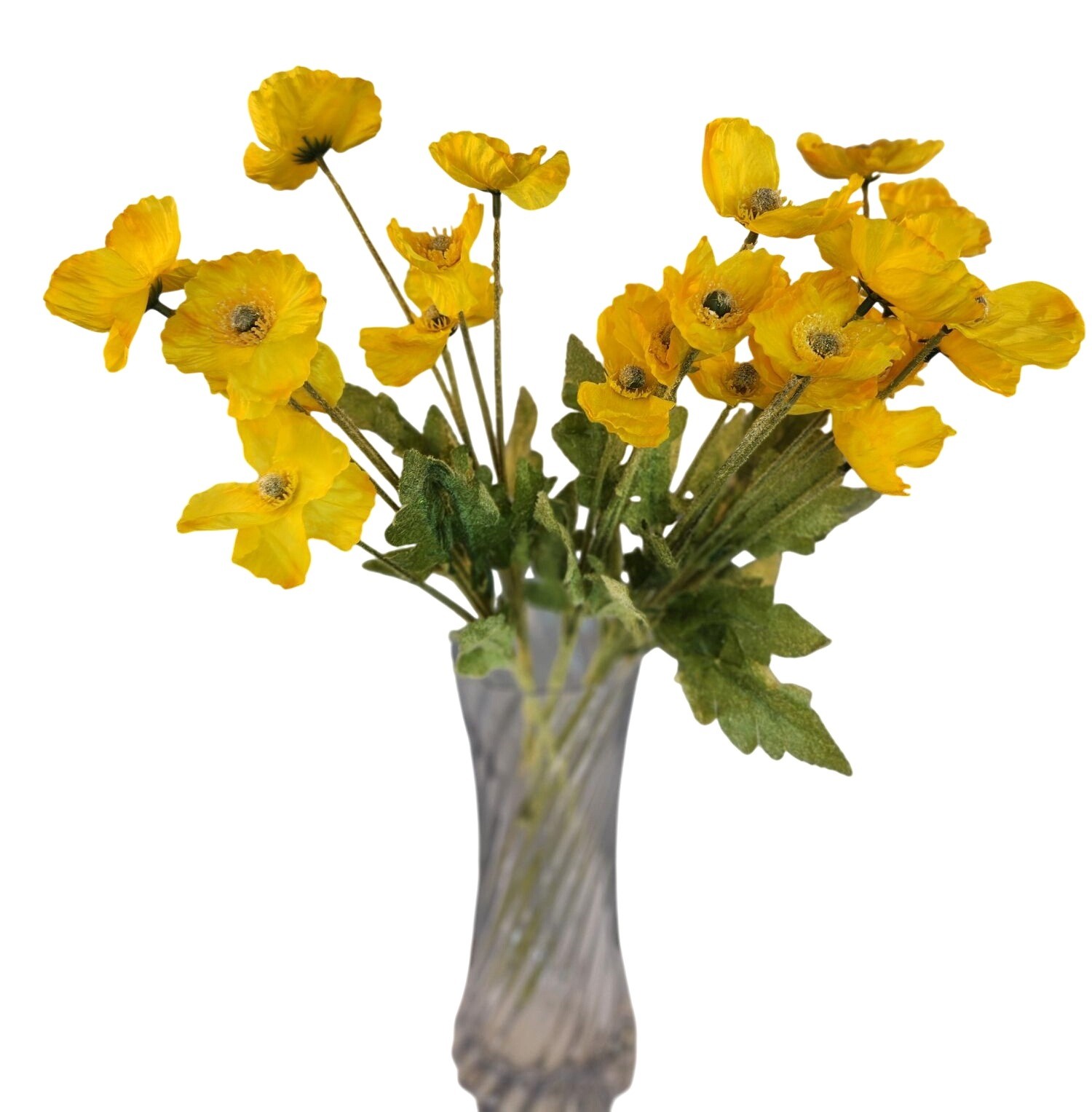 Yellow Artificial Poppy Flower Stems Silk & Plastic Foliage Single Stem Realisti