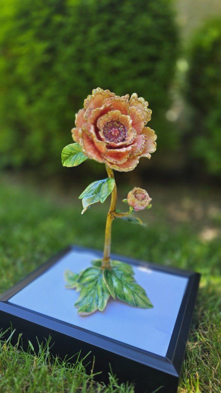 Jay Strongwater Artificial Jeweled Pink Rose Flower Stem Decor Green Leaves Gold