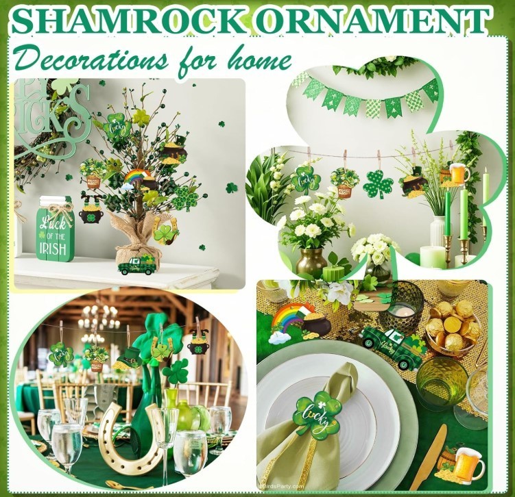 24 Pcs St Patricks Day Ornaments for Tree Wooden Shamrock Tree Large Green