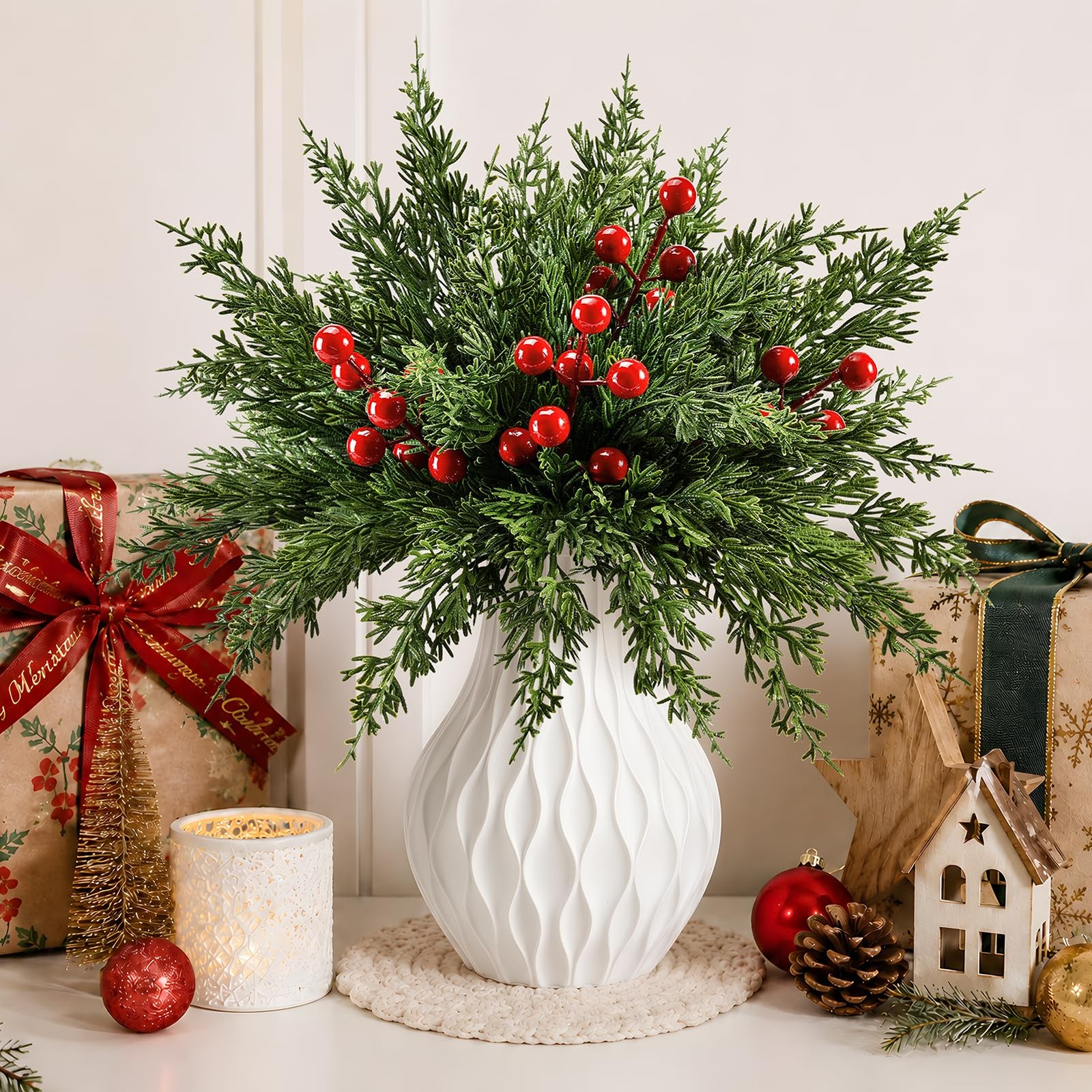 45PCS Artificial Christmas Pine Branches with Red Berry Stems