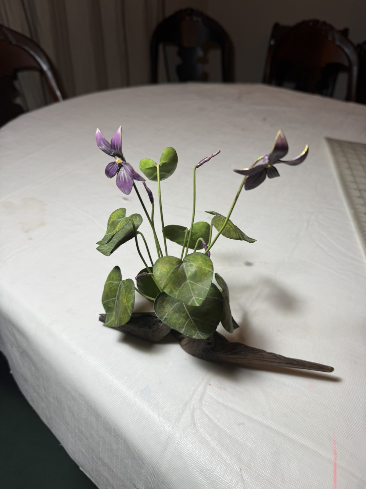 Gorgeous purple, violets, in metal Flower Arrangement – 8 x 8” wood vase