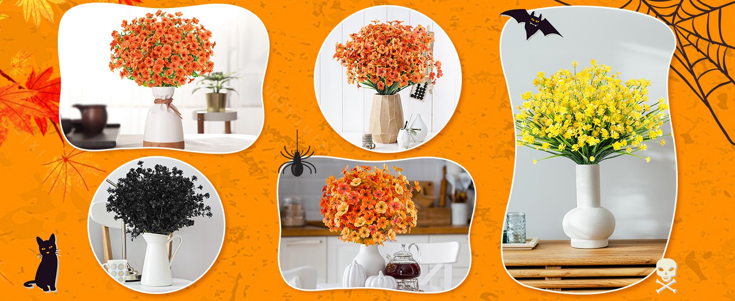 24 Bundles Artificial Fall Flowers Outdoor Indoor Decoration, Fake Plastic